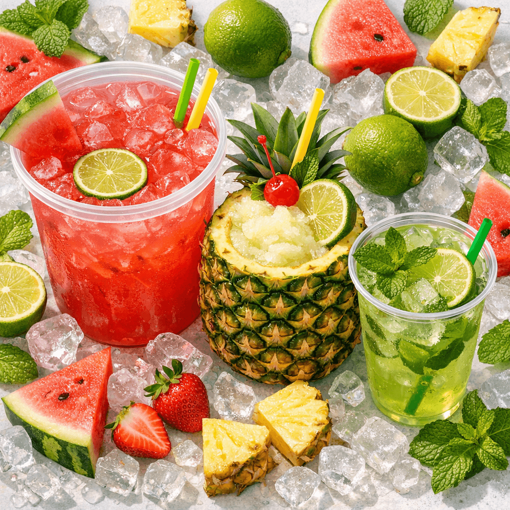 Watermelon bucket, pineapple cup and limeade — served fresh at the Port